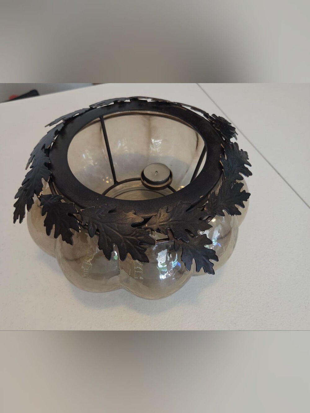 Decorative Glass Hurricane Candle Holder with Dark Bronze Leaf Trim